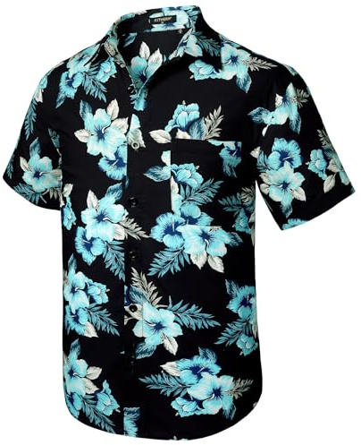 Rithern Hawaiana Camicia Uomo Manica Corta Casual Camicia Fiori da Uomo Festival Estiva Hawaiane con Tasca Frontale Nero & Blu L