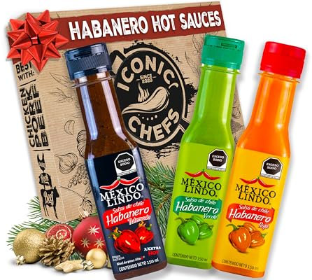 ICONIC CHEFS® Habanero Chili Hot Sauce Geschenkset – 100% MEXICO LINDO Chili Sauce Geschenkset Männer – 3x Scharfe Soße – Weihnachten Geschenk Idee – Scharfe Soßen Set– Grill Geschenke für Weihnachten