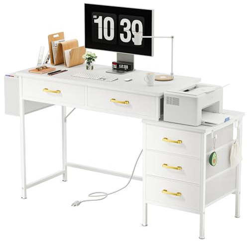 Lvhcmfohm Schreibtisch Weiß mit 5 Schubladen, Gaming Tisch mit 2 Steckdose & 2 USB Ladeanschluss, Computertisch mit Aktenschrank und Druckerständer für Homeoffice (130x45x78cm)
