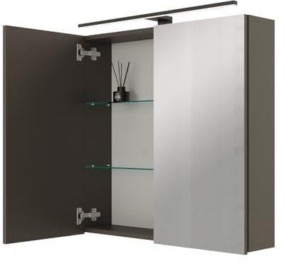 Planetmöbel ARIA Spiegelschrank Bad mit Beleuchtung 70 cm breit | Badschrank hängend mit Spiegel, Anthrazit, mit Leuchte und Steckdose, Spiegelschrank Gäste WC 70 x 70 x 16 cm