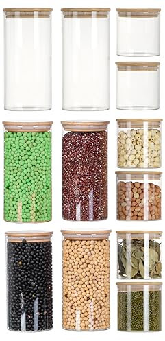 HOMCLASSY 12 Pack Glass Storage Jars with Airtight Bamboo Lids and Labels, Borosilicate Glass Canisters for Kitchen, Spices, Grains, Cereal, 2 Sizes Small and Large Jars(800ml, 1200ml)