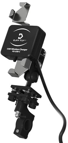 Cliff Top Motorrad-Handyhalterung mit Ladegerät, 15 W kabellos + 18 W USB-C Anti-Vibration, Motorrad-Handyhalterung, kompatibel mit den meisten Smartphones (für 32-mm-Lenker)