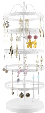 QWORK® 5 Tier Metal Rotating Earring Holder Stand White Jewelry Display Tower Stand with Adjustable Inter-Tier Distance - 210 Hole Capacity for 105 Pairs