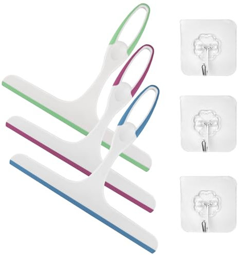 Chiluxendo 3 Pezzi Tergivetro per Doccia Plastica, Tiraacqua Doccia Spesso, Pulisci Doccia Vetro, Tergi Vetro per Finestre, Tergidoccia da Bagno, Lavavetri Spazzola Bagno con Gancio (Blu Rosa Verde)