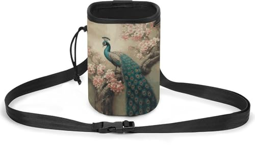 JKLQWH Sac de dressage pour animal domestique avec motif paon oriental sur arbre floral imprimé sac banane pour promener le chien pochette à friandises portable pour animaux de compagnie