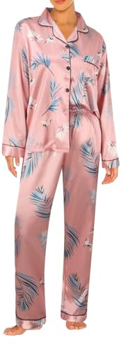 Raopuzi Conjunto de Pijama Seda Mujer, Pijamas Raso Invierno Largo para Mujer con Botones, Pijama Saten Camisero de Manga Larga Y Pantalon, Ropa de Dormir de Descanso de Dos Piezas Traje de Casa