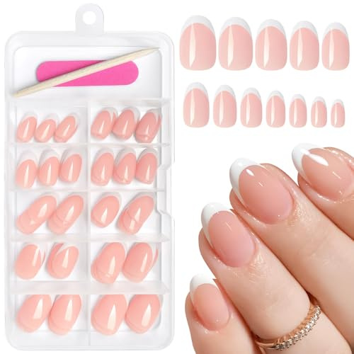 GlamRays 120 Stück Ovale French Tip Press On Nails, Weiße & Nude, 12 Größen, Glänzend, Gel, 120 Stk + 1 Mini-Feile + 1 Holzstück