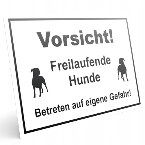PRINTIMA Vorsicht Hund Schild PVC, Vorsicht! Freilaufende Hunde, Betreten auf eigene Gefahr, Rot, Gelb oder Weiß, 32x21cm oder 40x30cm – Wetterfest und gut sichtbar (Weiß und Schwarz, 32x21cm)