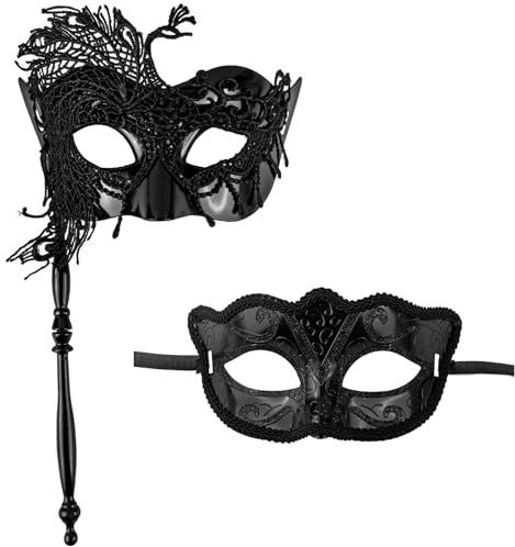 GWAWG Venezianische Maske, Venezianische Maske, Paar, Kunststoff mit Spitzenrand, Maskenmaske, venezianischer Stil, Maskenballmaske für Herren und Damen (mit einem Stab)