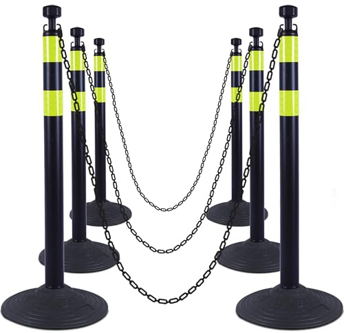 OrangeStar 6 Pack Traffic Delineator Post Cones, 40 Safety Barrier with 6.6 Ft Link Plastic Chains, Crowd Control Stanchion Sets with Rubber Base for Indoor Outdoor Parking Lot Construction, Black