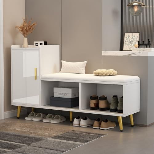 Merax Meuble à chaussures avec banc, espace de rangement, porte blanche brillante, siège rembourré, blanc, 120 x 35 x 71,5 cm