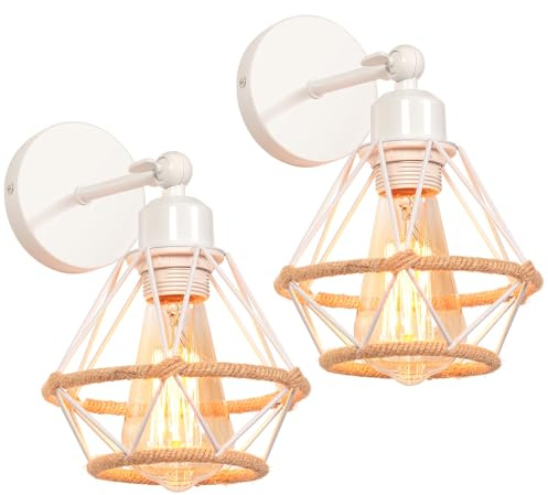 TOKIUS 2 Stücke Wandlampe Vintage 16CM Wandleuchte Innen E27 Industrial Lampe aus Eisen Käfig Lampenschirm mit Hanfseil Verstellbare Wandlampe Deckenleuchte für Flur Schlafzimmer Wohnzimmer (Weiß)