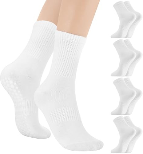 Halinuia 4 Paar Stoppersocken Damen, Rutschfeste pilates socken, Yoga socken mit noppen, Weiß Antirutschsocken für Tanz, Ballett, Krankenhaus, Heimsport, Fitness, EU 36-40