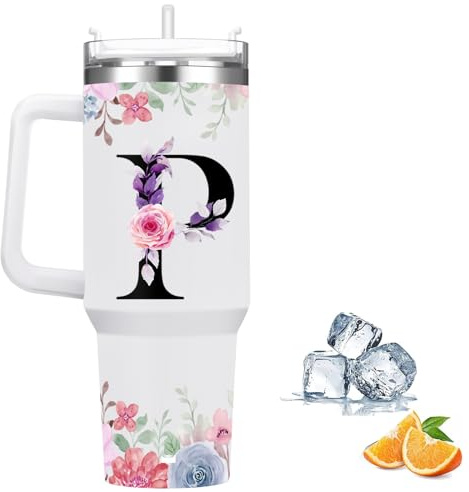 Botella Agua Termica Personalizada, Cool Bottles de Acero Inoxidable de 1.2 Litros, Termo Cafe para llevar con tapa y pajita, Copo Termico sin BPA, Letras de Moda, Regalos Originales para Mujer (P)