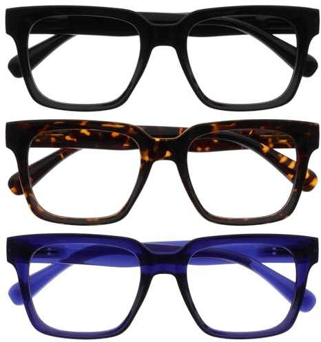 OPULIZE ERA Lunette anti lumiere bleue femme & homme - Lunettes Ecran/Gaming - Lot de 3 - Cadre Surdimensionné - Anti-éblouissement Anti-Reflet Protection UV - Noir Brun Bleu - +0,00