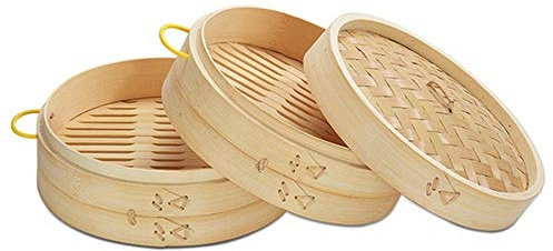 Chinese Dumplings - Olla al vapor de bambú, 15/20/25/30 cm con tapa, cesta de vapor de bambú, ideal para Dim Sum, verduras (cubierta de 15 cm)