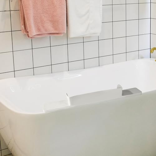 BOXOB Paraspruzzi per Vasca Bagno, 76x9x8,5cm Paraspruzzi Silicone Alta qualità con Ventosa Potente Vassoio Portaoggetti Anti-Perdita Giocattoli Vassoio Portaoggetti per Vasca Bagno(Grigio Chiaro)