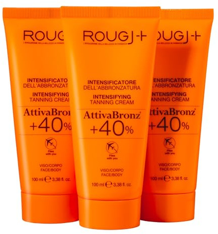 Rougj Crema Abbronzante Corpo a Base di Carrotene - 100 ml x 3 - Crema Carotene per Abbronzatura - Acceleratore Abbronzatura con Riboflavina Vitamina B2, ATP, Glicerina e UnipertanVeg AttivaBronz +40%