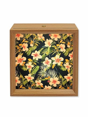 FuturehomeStar Summer Lily Flower Palm Leaf on Black Wooden LED Night Light USB Rechargeable Dimmable Touch Table Light for Home Decor Rustic Tropical Plant Wood Picture Frame Box,6.5X6.5IN