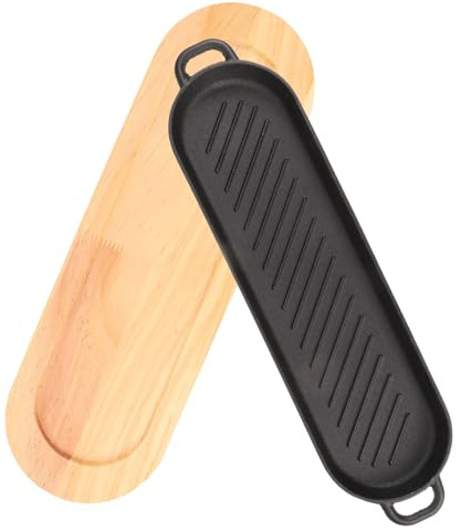 DOITOOL Assiette à Steak Fonte Épaisse avec Double Poignée et Socle Bois Poêle Grillade Robuste pour Barbecue et Usage Domestique Plateau de Service et Facile à Nettoyer