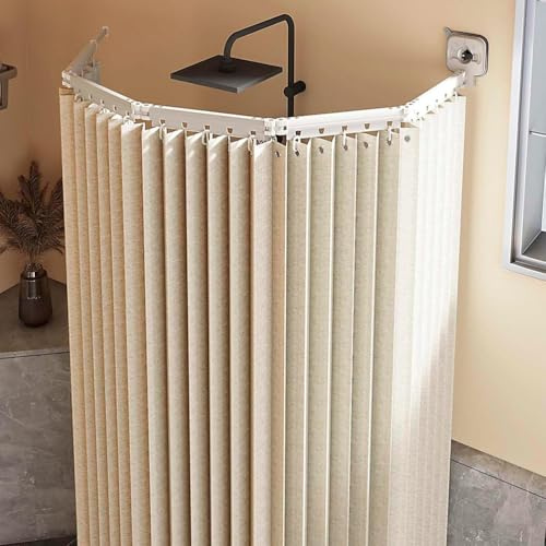 Generisch Faltbarer Ohne Bohren Duschvorhang Mit Duschvorhangstange, Duschvorhangstange L/U Form Mit Starker Saugnapf, Verstellbarer Waschbar Duschvorhänge & Zubehör,Für Badewanne,Beige,5 Folds
