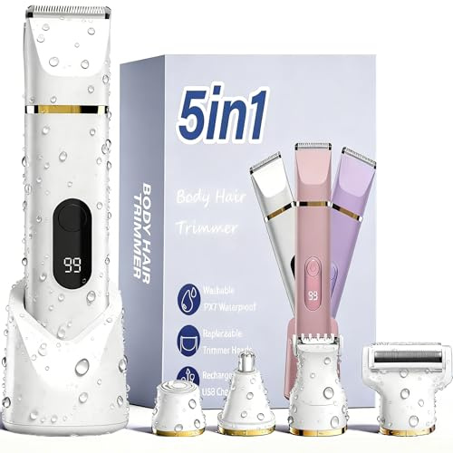 XkuiHF 5 en 1 Rasoir Electrique Femme, Tondeuse Maillot humide/sèche, étanche IPX7, Tondeuse Femme Intime pour le visage, les aisselles, les jambes, les bras et le maillot (Blanc)