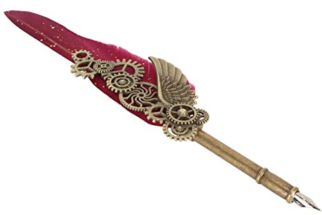 Haofy Federkiel-Set mit 4 Austauschbaren Edelstahlspitzen für Kalligraphie, Kunst, Schreiben, Zeichnen – Vintage-Tintenset, Glatter Tintenfluss, Komplettes Paket Inklusive Ständer, Tintenfass, (Rot)