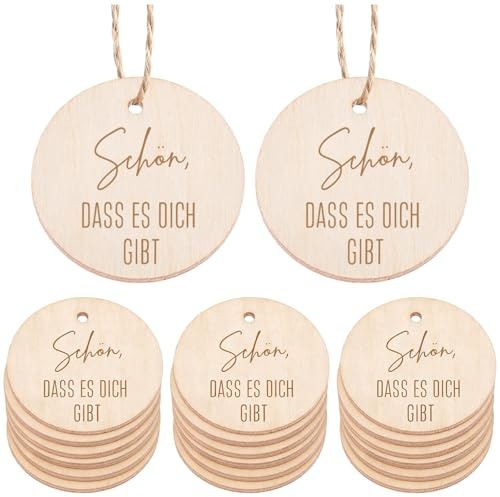Schön das du da bist Anhänger Holz - 30 Stück Geschenkanhänger Naturholz Rund 4cm mit Juteschnur - Gastgeschenke Hochzeit, Kommunion, Taufe & Geburtstag - DIY Schön dass du da bist