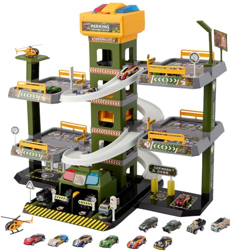 Garaje de estacionamiento de 5 pisos para niños, Tema de dinosaurios Juguetes Parking con 12 coches y 1 helicóptero para niños, Parking con ascensor, Regalos para 3-9 años