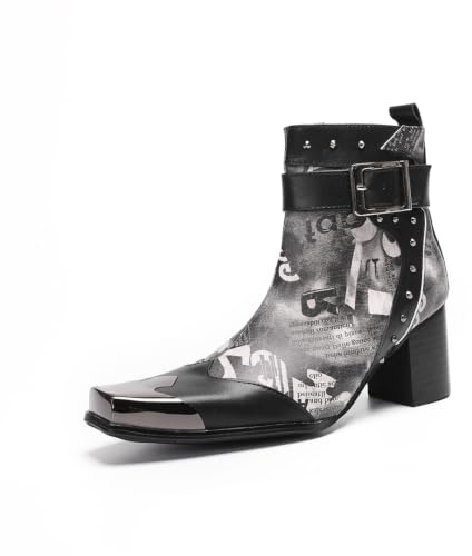 Yhsdfcn Botines Hombre Punta Cuadrada Estampado Periódico, Hebilla, Tacón Alto