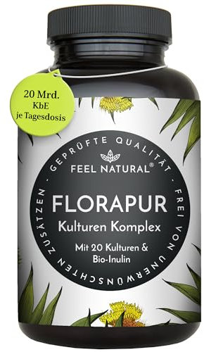 Florapur Kulturen Komplex - 180 magensaftresistente Kapseln - 3 Monatsvorrat - 20 Bakterienkulturen & Bio Inulin - 20 Mrd. KbE je Tagesdosis - Milchsäurebakterien, Bifidobakterien - vegan