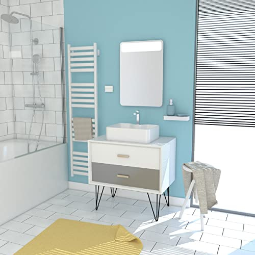 AURLANE Meuble Salle DE Bain SCANDINAVE Blanc ET Gris 80 CM avec TIROIRS, Vasque A Poser ET Miroir