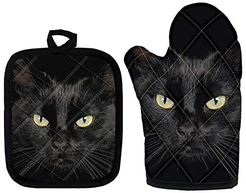 Showudesigns Wärmedämmung Ofenhandschuhe und Topflappen Sets Schwarz Katze Muster Hitzebeständig Küche Topflappen und rutschfeste Mikrowellenhandschuhe dick für Zuhause Küche Dekoration