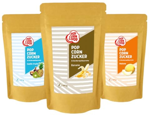 Popcornloop® TROPISCHE FRÜCHTE Popcorn und Zuckerwatte Aroma Popcornzucker 3er Set aus Exotic Fruits | Banane | Honigmelone | jeweils 500g Premium Zuckeraroma