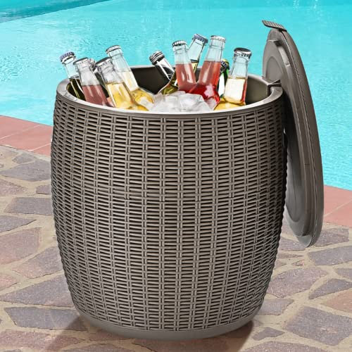 Tangkula 9.5 Gal Cooler Bar, Patio Wicker Ice Cool Bar Table, Outdoor Rattan Bar Table with Ice Bucket, Beer Wine Ice Bucket with Side Handles & Lid, Beer & Wine Cooler for Party, Poolside, Deck, Yard