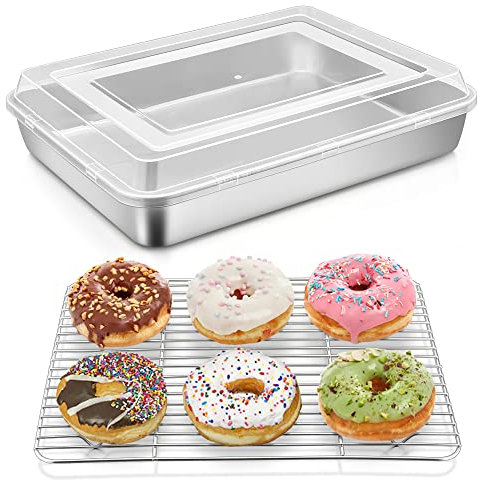 HaWare - Teglia da forno con coperchio e griglia di raffreddamento, in acciaio inox, per brownies/lasagna/torta/verdure, sana e durevole, lavabile in lavastoviglie
