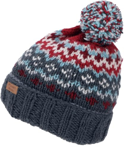 GURU SHOP Bommelmütze aus Nepal, Schurwolle, Wintermütze | Kuschelig, wasserabweisend, Unisex, Fleecefutter, komfortable Passform für Kopfumfang 56-60 cm.