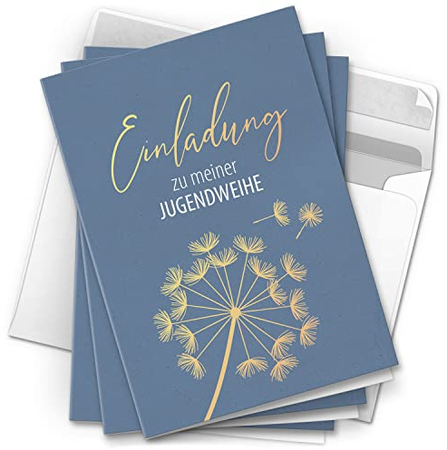 10 Jugendweihe Einladungskarten Jungen - Motiv Blau Pusteblume - moderne Einladungen Klappkarten mit Umschlägen