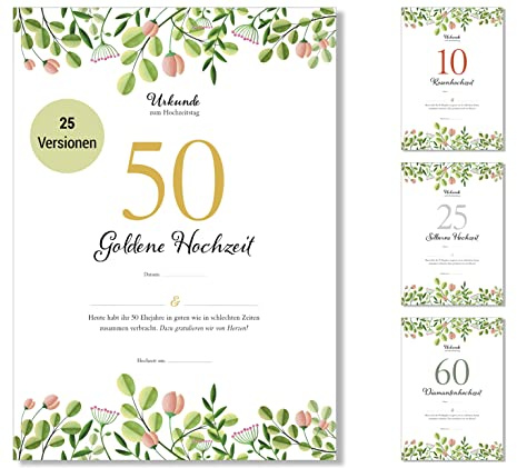 Frank Paperman® | Goldene Hochzeit Geschenke | Ehejubiläum | Urkunde goldene Hochzeit 50 | floral | Geschenk zum Hochzeitstag | Vordruck im DIN-A4-Format