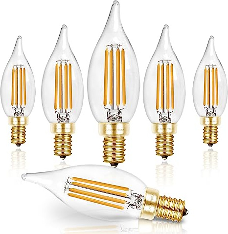 Hizashi E12 Candelabra Bulb 60 watt 2700K Soft Warm White, Dimmable E12 LED Bulb, 90+ CRI 6W 550LM, CA11 Flame Tip LED Chandelier Light Bulbs Candelabra Base, UL Listed - 6 Pack