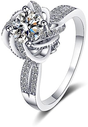 Aotiwe Engagement Ring, Freundschaftsringe Beste Freundin Blütenform Weißgold mit 8mm Rundschliff Weiß Zirkonia 925 Silber Größe 60 (19.1)