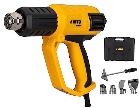 VITO VIPAQ2000 Heat Gun 2000 W up to 50 to 650 °C with Attachment Nozzle Set in Case - 3 Temperature Settings, Hot Air Blower, Fast Heating for Painting, Soldering & Shrinking