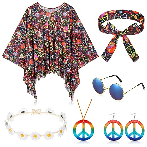 HICARER 6 Stück Hippie Kostüm Set inklusive Hippie Poncho Frieden Zeichen Halskette Ohrringe Stirnband Hippie Sonnenbrillen 60er 70er Jahre Bekleidung Accessoires für Damen