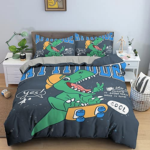 ZZXHG Funda Nordica 150x200 Dinosaurio Gris Adolescentes, Funda de Edredón Cama 90 Infantil de Microfibra, Juego de Ropa de Cama para Niños Niñas con Cremallera y 2 Funda de Almohada 50x75 cm