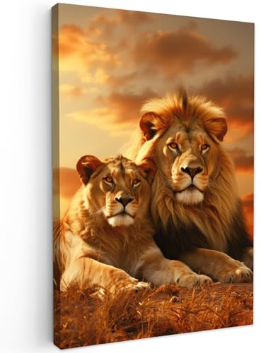 MuchoWow© Leinwandbild Dekoration Wohnzimmer Bilder Aufhängen Wall - Tiere | 40x60 cm - Decoration Living Room Wohnungs Deko Moderne Löwen - Sonnenuntergang - Afrika - Savanne