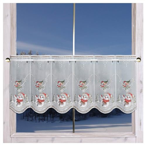 Bestickte Scheibengardine Winterspaß mit Schneemann aus Echter Plauener Spitze Scheibenhänger für Winter und Weihnachten 35 x 64 cm