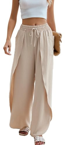 BMJL Womens Flowy Boho Beach Pants Summer Palazzo Pant High Waisted Side Split Wide Leg Trousers Vacation Travel Outfit(L,Beige)