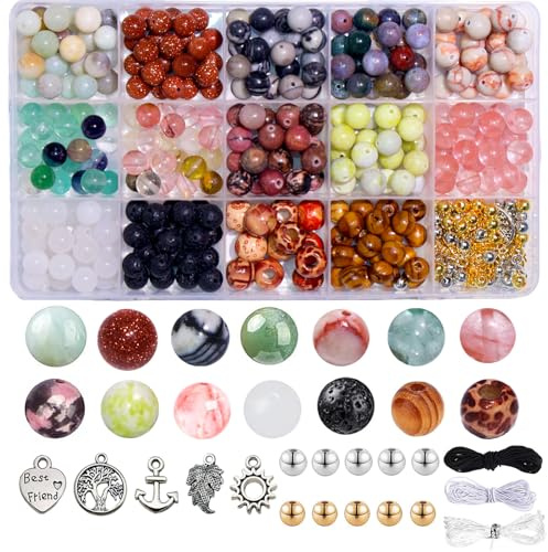 BLAESIFF Edelstein Perlen für Armbänder, 8mm Perlens zum Auffädeln, Perlen zum Basteln Selber Machen, Runde Kristalle Perlen Kit mit Anhänger Zubehör für DIY Schmuckherstellung