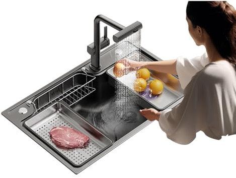 Moderne Spüle, 29.5IN Edelstahl-Küchenspüle mit Multifunktions-Wasserfallarmatur, 2 Löcher, versenkte Spülmaschine, vielfältiges Zubehör(75 * 48 * 22cm)