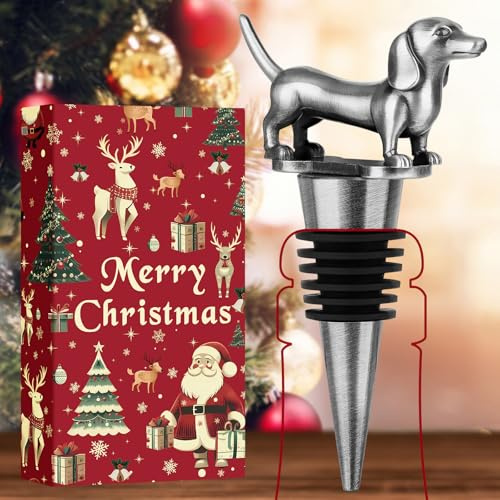 LKKCHER Weihnachts-verpackter Dackel-Weinkorken, Weihnachtsgeschenke Wursthund-Geschenke für Frauen Männer Papa, Silber mit Weihnachtsverpackung und Weihnachtskarte